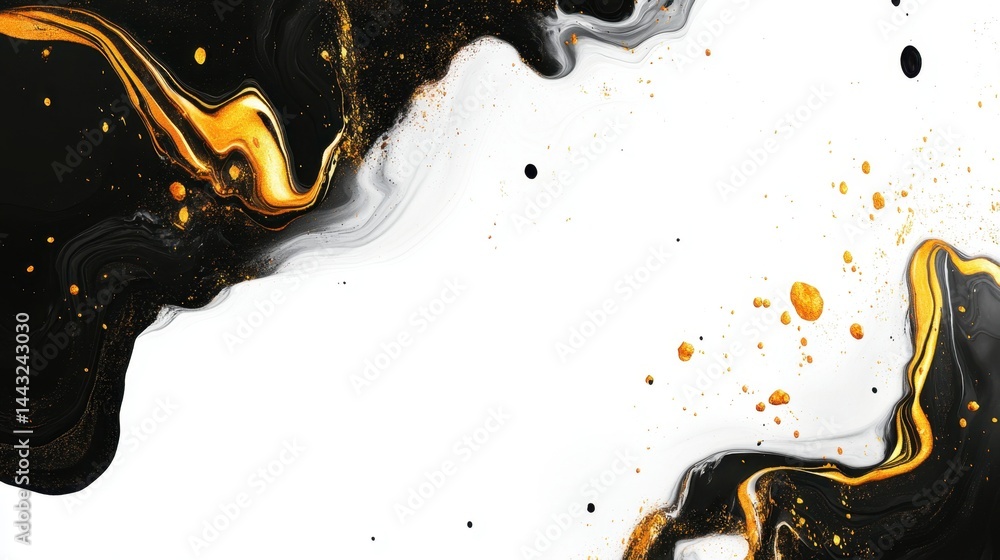 Poster elegant abstract art with fluid black and white swirls and shimmering gold accents creating a luxuri