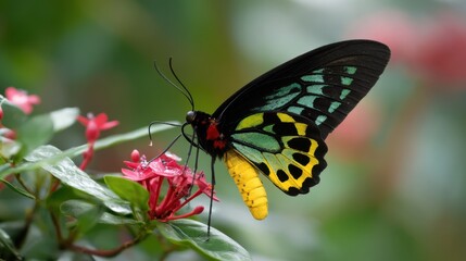 Obraz premium Emerald Swallowtail Butterfly on Red Ixora