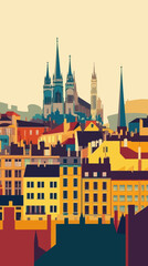 Lyon Retro Cityscape Vector Poster with Skyline Landmarks and Cathedral Illustration