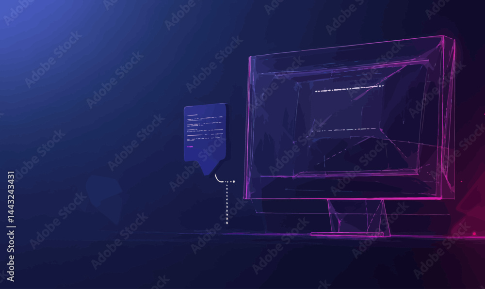 Poster abstract artificial intelligence interface with low poly computer and speech bar on dark blue backgr
