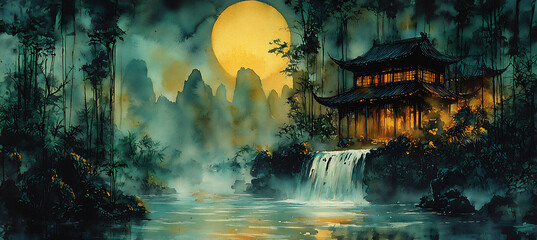 ink drawing and watercolor of a serene river flowing through a jungle, flowing black lines