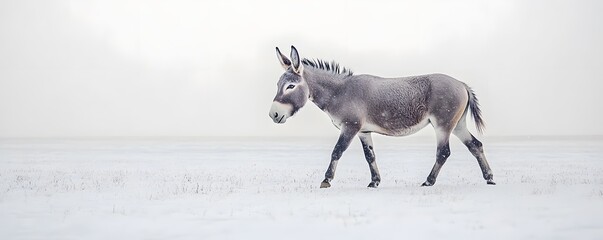 Fototapeta premium Donkey walking gracefully across the snow covered field