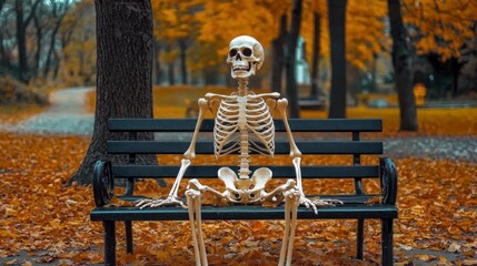 Autumn leaves create a colorful backdrop for a skeleton.