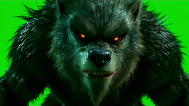 A werewolf prowls and scans its surroundings, animated against a green screen backdrop ideal for compositing into thrilling or eerie scenes.