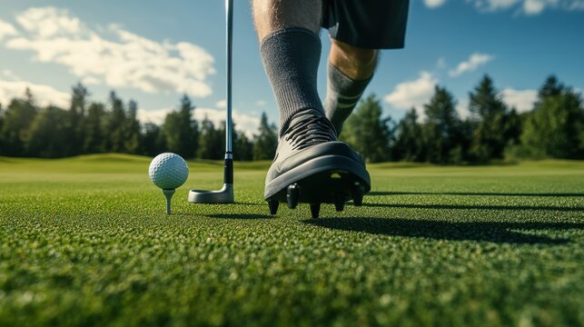 A close-up of a male golfer preparing to putt on a sunny day, focusing on the ball on the green. - Powered by Adobe