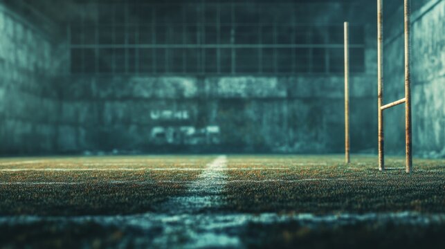 A close-up view of rugby goalposts in a dimly lit, abandoned stadium, creating an eerie yet atmospheric vibe.
