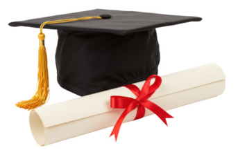 Graduation cap and diploma isolated on transparent background