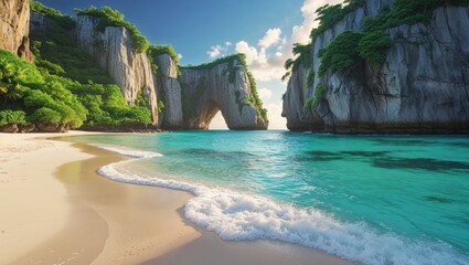 Serene tropical beach with crystal-clear turquoise water lapping a white sand shore, framed by dramatic limestone cliffs and lush greenery.