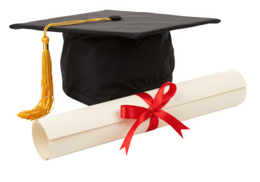 Graduation cap and diploma isolated on transparent background