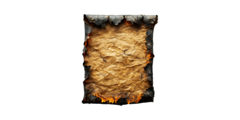 Burnt Parchment Paper With Flames. Symbol Of Destruction And Historical Loss Isolated On Transparent Background