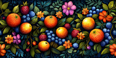 colorful colombian inspired pattern with stylized exotic fruits and vibrant foliage