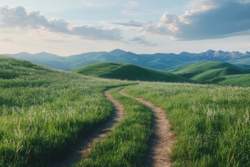 A winding dirt path through lush green hills under a bright blue sky.