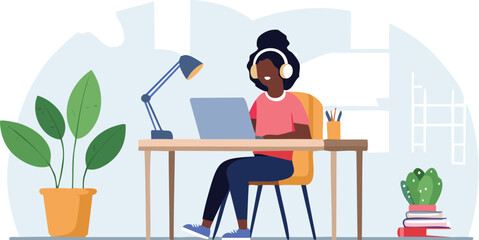 A girl listning to musing with laptop using headfone