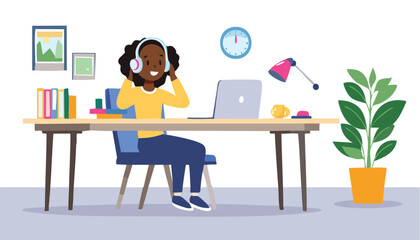 A girl listning to musing with laptop using headfone