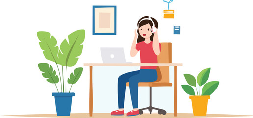 A girl listning to musing with laptop using headfone