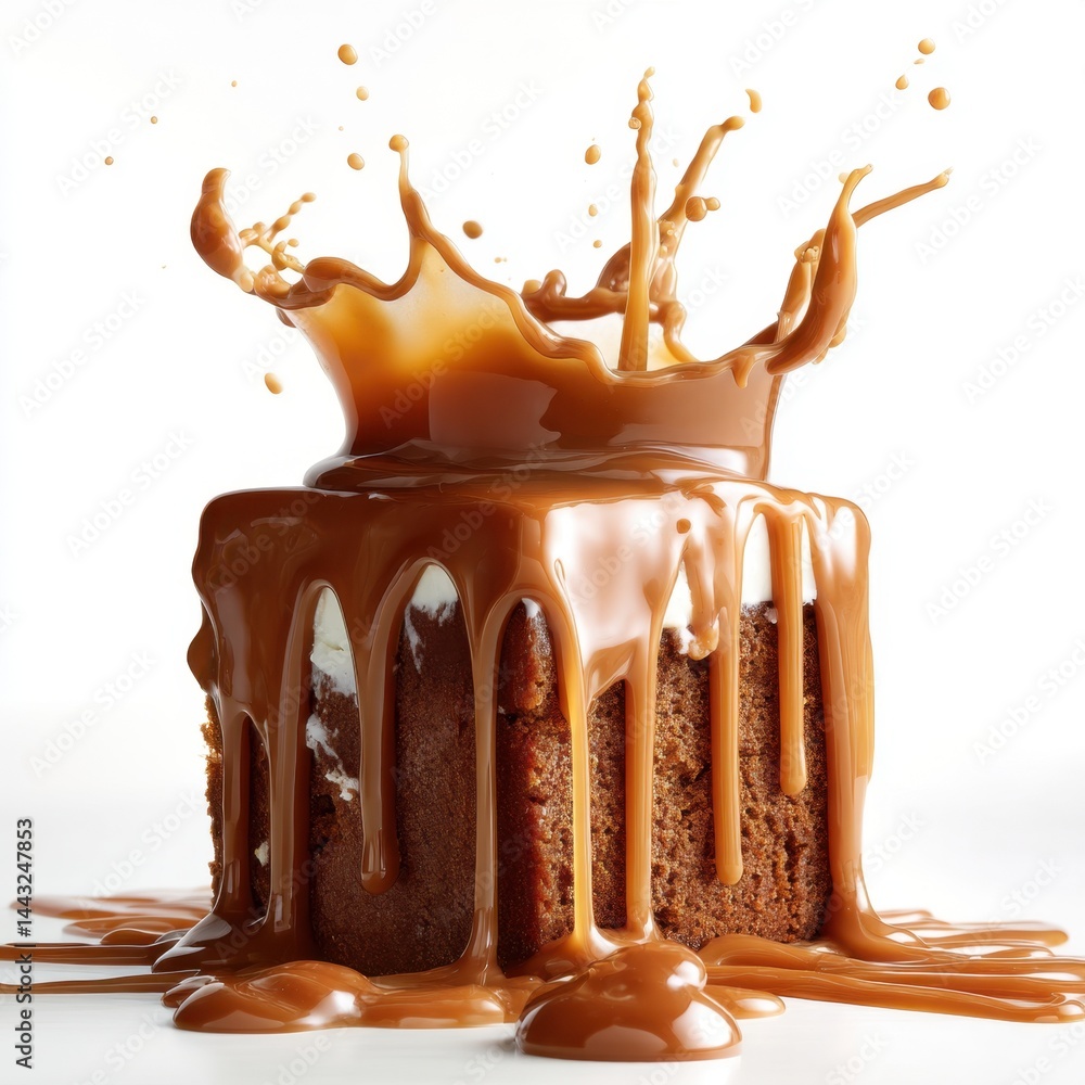 Poster delicious square chocolate cake with caramel splash against a white background creating a visually s