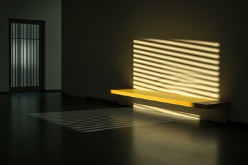 Empty hall with sunlit bench