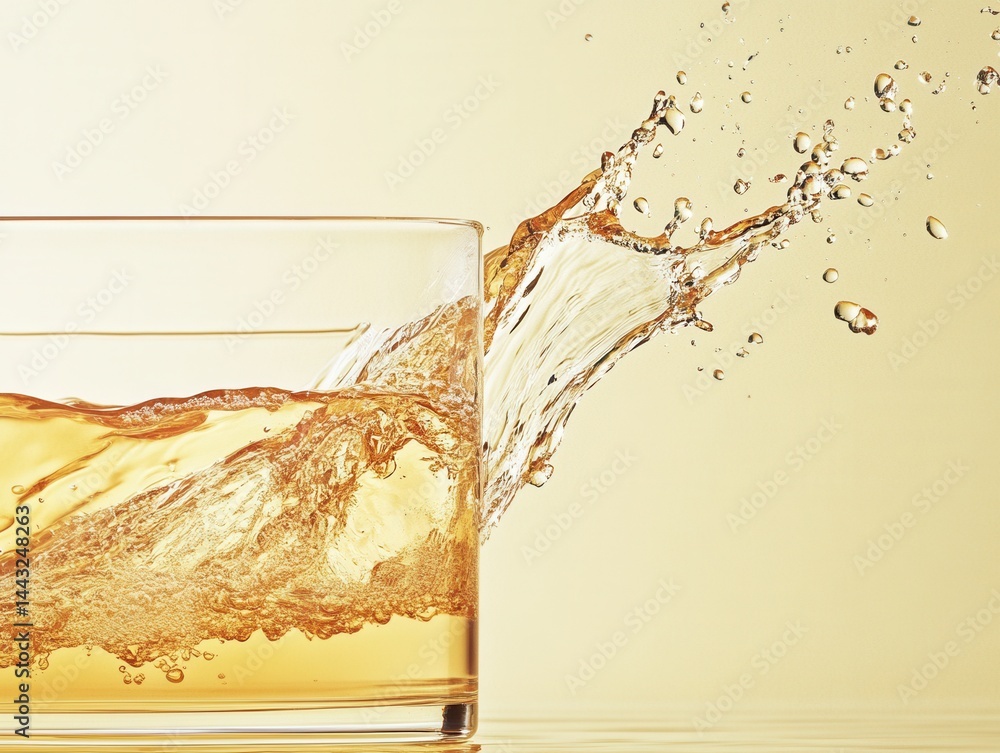 Poster refreshing splash of amber liquid in glass against a soft golden backdrop creating a dynamic and cap