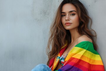 Asian androgynous model with long wavy hair wearing a rainbow pride flag, sitting against a plain wall, looking at the camera with a neutral expression
