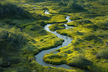 Aerial view of sphagnum bog highlights enchanting beauty with lush peat moss, winding streams, and harmonious balance, creating realistic captivating and mysterious landscape    