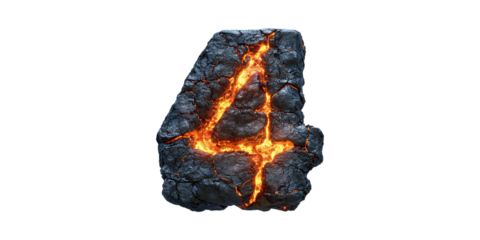 Lava Textured Number Four With Fiery Cracks. Symbolizes Heat And Energy Isolated On Transparent Background