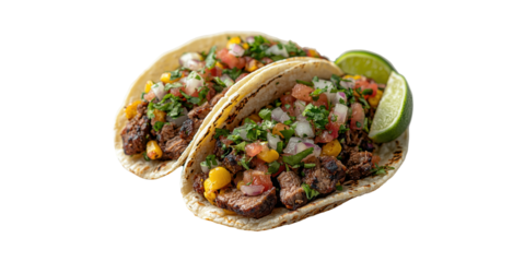 Two Delicious Beef Tacos With Fresh Salsa And Lime. Mexican Cuisine And Flavorful Street Food Isolated On Transparent Background