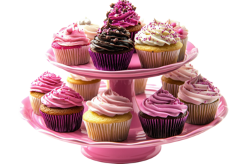 Delightful pink purple cupcakes on a pink stand a sweet treat for any celebration beautifully on transparent background