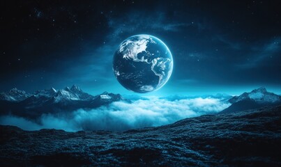Earthrise over snowy mountains at night, fantasy landscape.  Perfect for science fiction or fantasy backgrounds