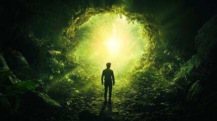 Fototapeta premium A Man's Journey into the Luminous Green Jungle Cave