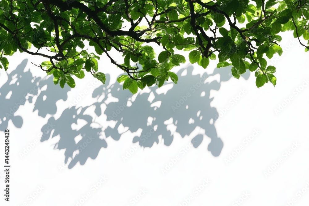 Poster green leaves and branches casting shadows on a white wall creating a natural abstract pattern