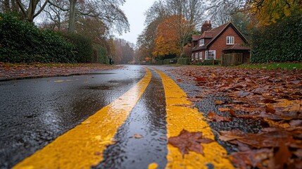 Autumnal, rainy road scene