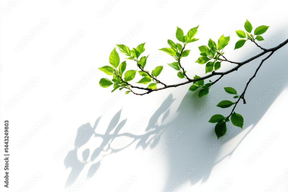 Poster a branch with green leaves casting a shadow on a white wall in a minimalist composition style image