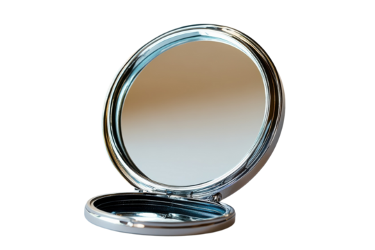 Elegant silver compact mirror open reflecting light perfect for travel showcasing its polished on transparent background
