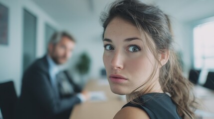 Obraz premium A young Caucasian woman with brown hair looks back with a serious expression in a modern office setting. A man is blurred in the background.