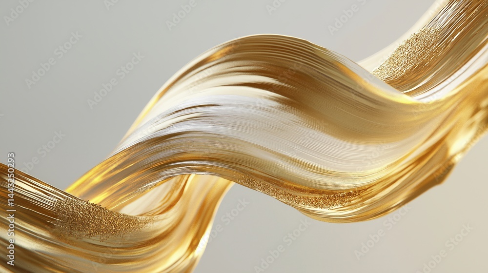 Poster Golden abstract brushstroke swirl floating on light background with smooth flowing texture and elegant metallic shine