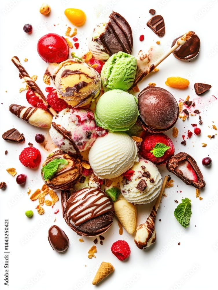 Poster an overhead shot of colorful ice cream scoops with chocolate and fruit on a white background creatin