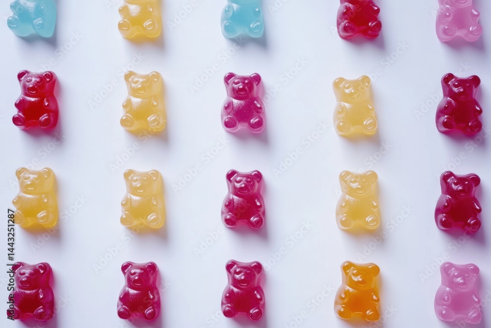 Poster an overhead shot of assorted gummy bears arranged in a grid pattern on a white surface evenly spaced