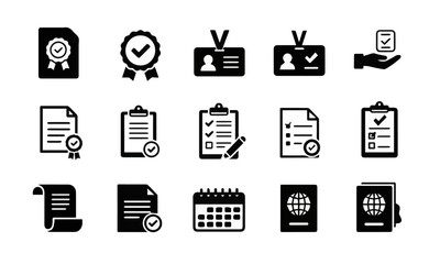 Title: Black Verification and Documentation Icon Set. A collection of fifteen black vector icons arranged in three rows, representing various aspects of verification, identification, and documentation