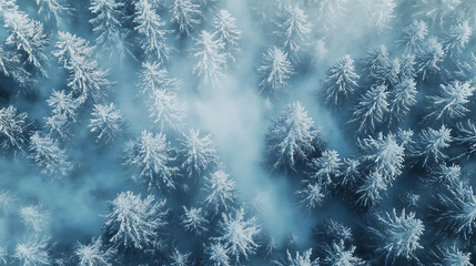 Aerial view of snow-covered evergreen trees in a serene winter forest shrouded in a misty atmosphere.