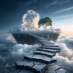 Lone Tree Emerging Through Soft Clouds in Dreamlike Sky Landscape