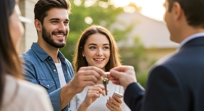 Happy Couple Receiving House Keys from Real Estate Agent Homeownership, New Beginnings, Dream Home,  Real Estate Success Story