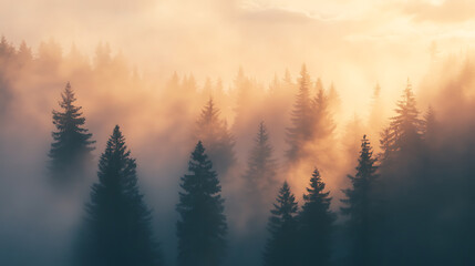 Fototapeta premium Misty forest bathed in golden light, a serene and ethereal scene evoking nature's tranquility.