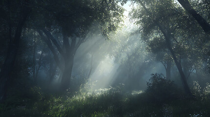 A serene forest scene bathed in sunlight, featuring tall trees and lush vegetation under a misty sky.