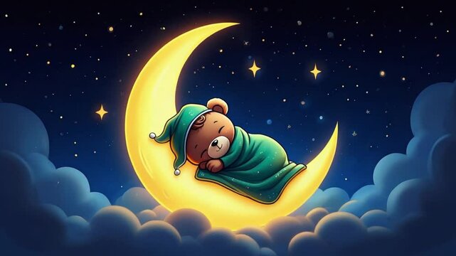 Dreamy Slumber: Teddy Bear Asleep on Crescent Moon