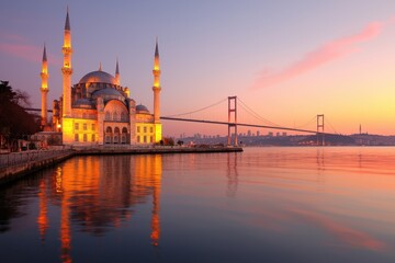 Fototapeta premium Sunset View of Mosque and Bridge in Istanbul, Turkey at Dusk
