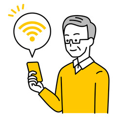 Wi-Fi-に繋がっているスマートフォンを持つ年配の男性