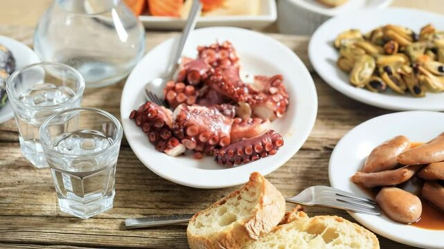 Turkish raki, greek ouzo or tsipouro, aperitif drink and starters closeup view 