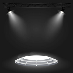 Stage for a speech, presentation or award ceremony. Round white podium with spotlights and light haze. Two spotlights on a truss structure with bright soft light. JPEG