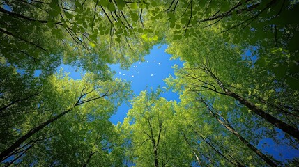 Fototapeta premium Green forest canopy with sunlight shining through bright spring leaves against a clear blue sky
