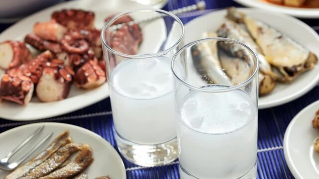 Turkish raki, greek ouzo or tsipouro, aperitif drink and starters closeup view 